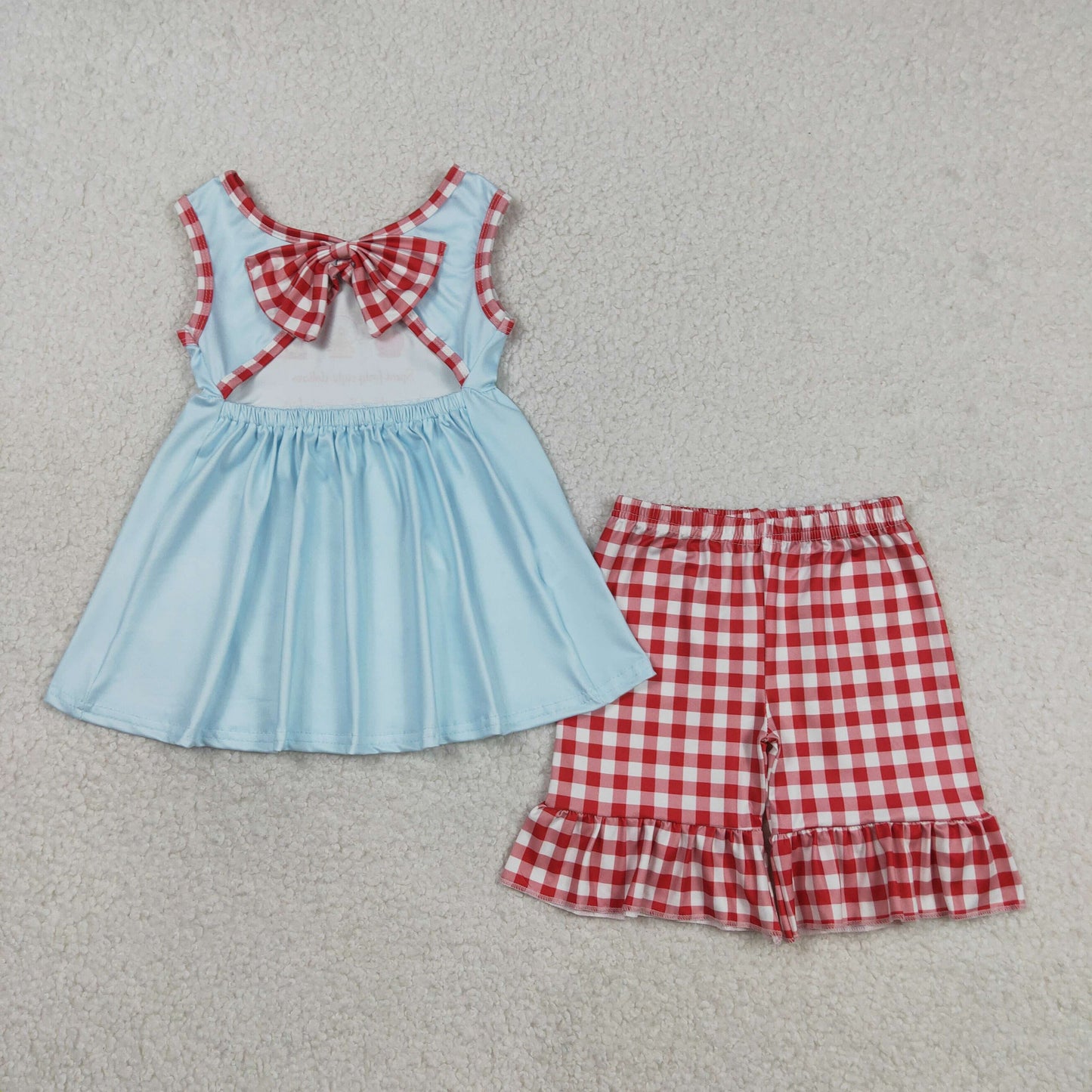 GSSO2544 Baby Girls Back Bows Park Tunic Checked Ruffle Shorts Clothes Sets