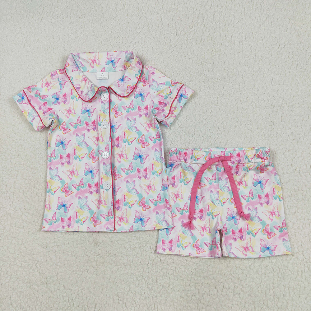 GSSO2601 Girls Colorful butterfly Button Ups Shirt Shorts Summer Pajamas