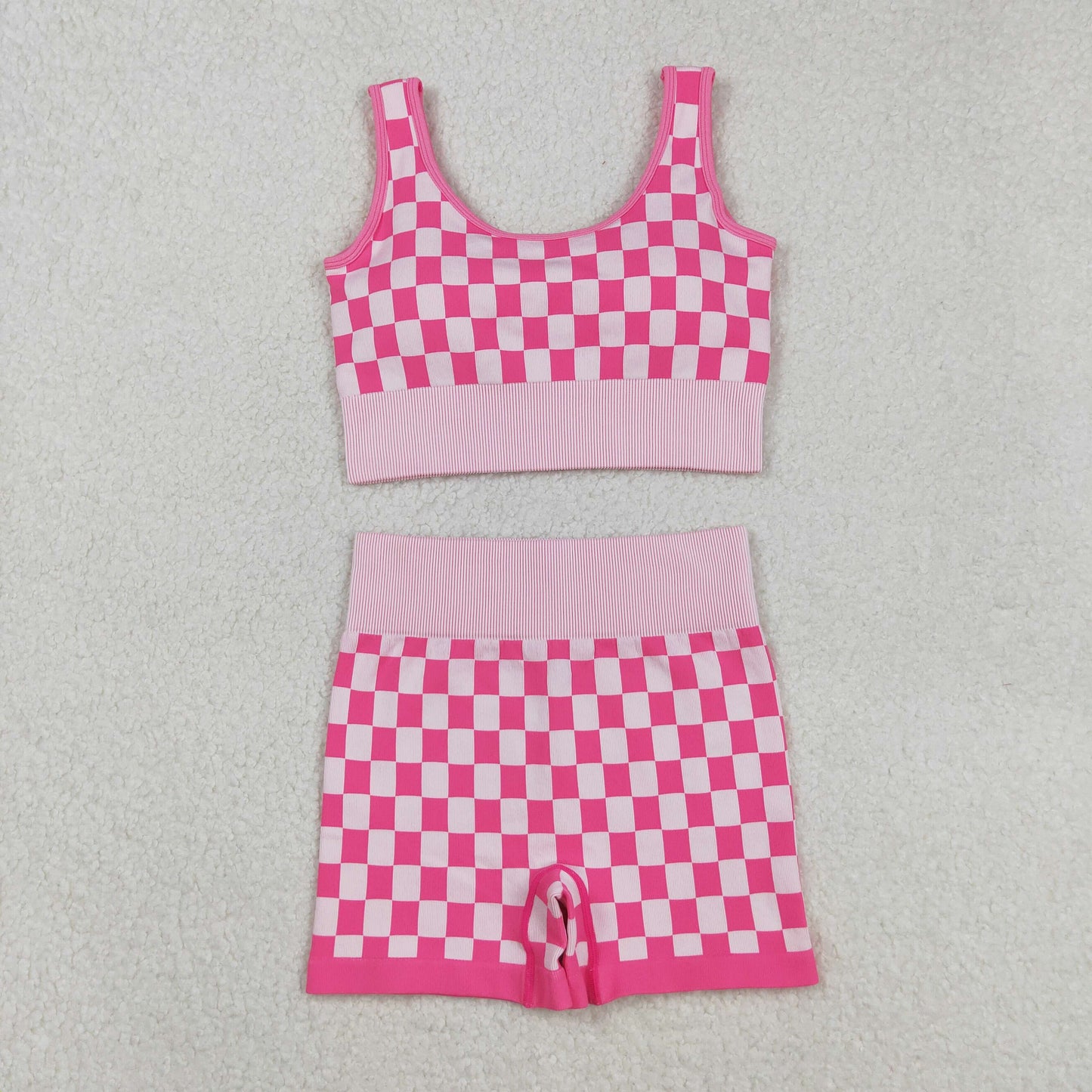 GSSO2704 Adult Women Pink Checked Vest Shorts Thick Fabric Clothes Sets
