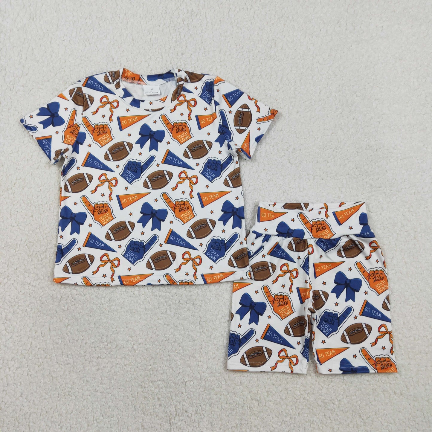 GSSO2722 Baby Girls Navy Orange Bows Footballs Top Short Go Team Pajamas Clothes Sets