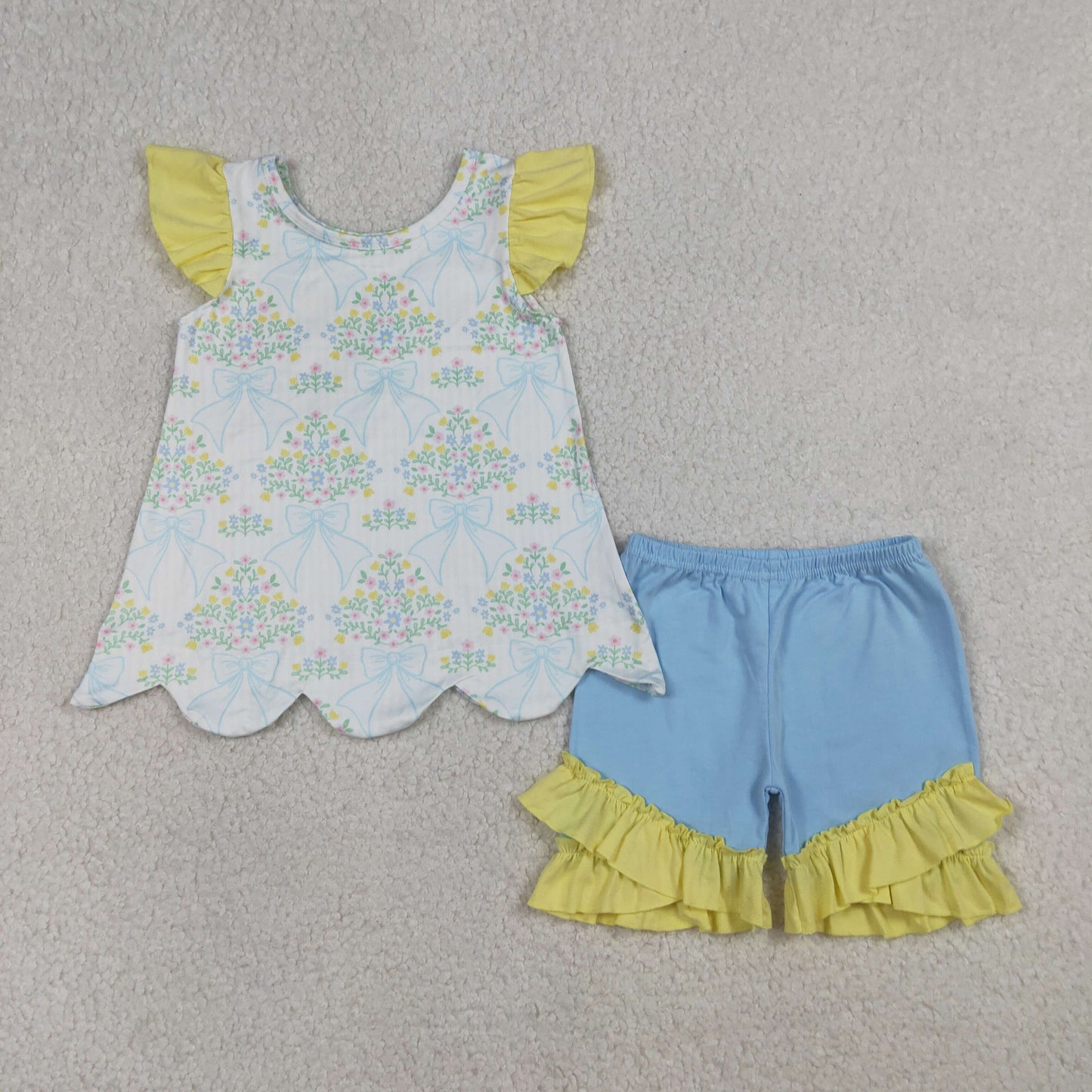 GSSO2767 Baby Girls Flowers Bows Scallop Tunic Ruffle Short Clothes Set
