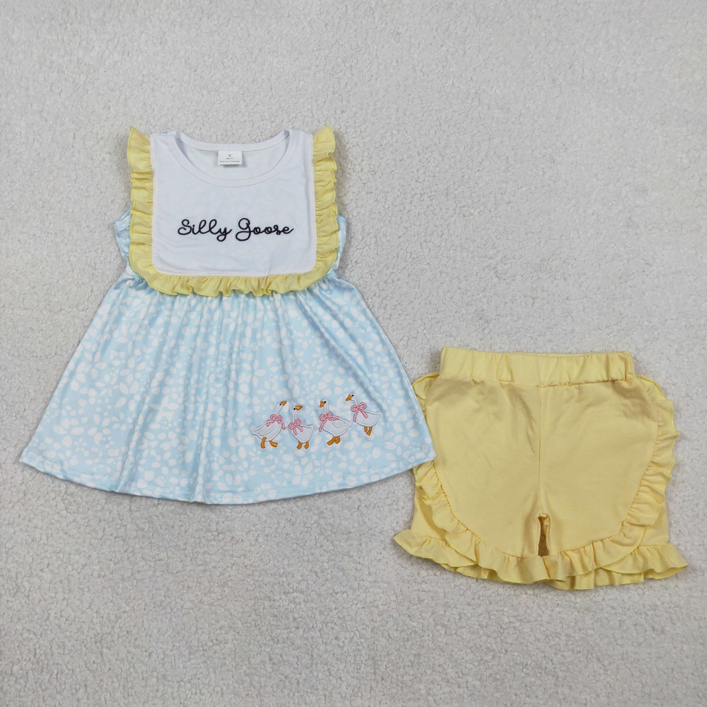 GSSO2796 Baby Girls Embroidery Silly Gooses Floral Tunic Ruffle Shorts Clothes Set