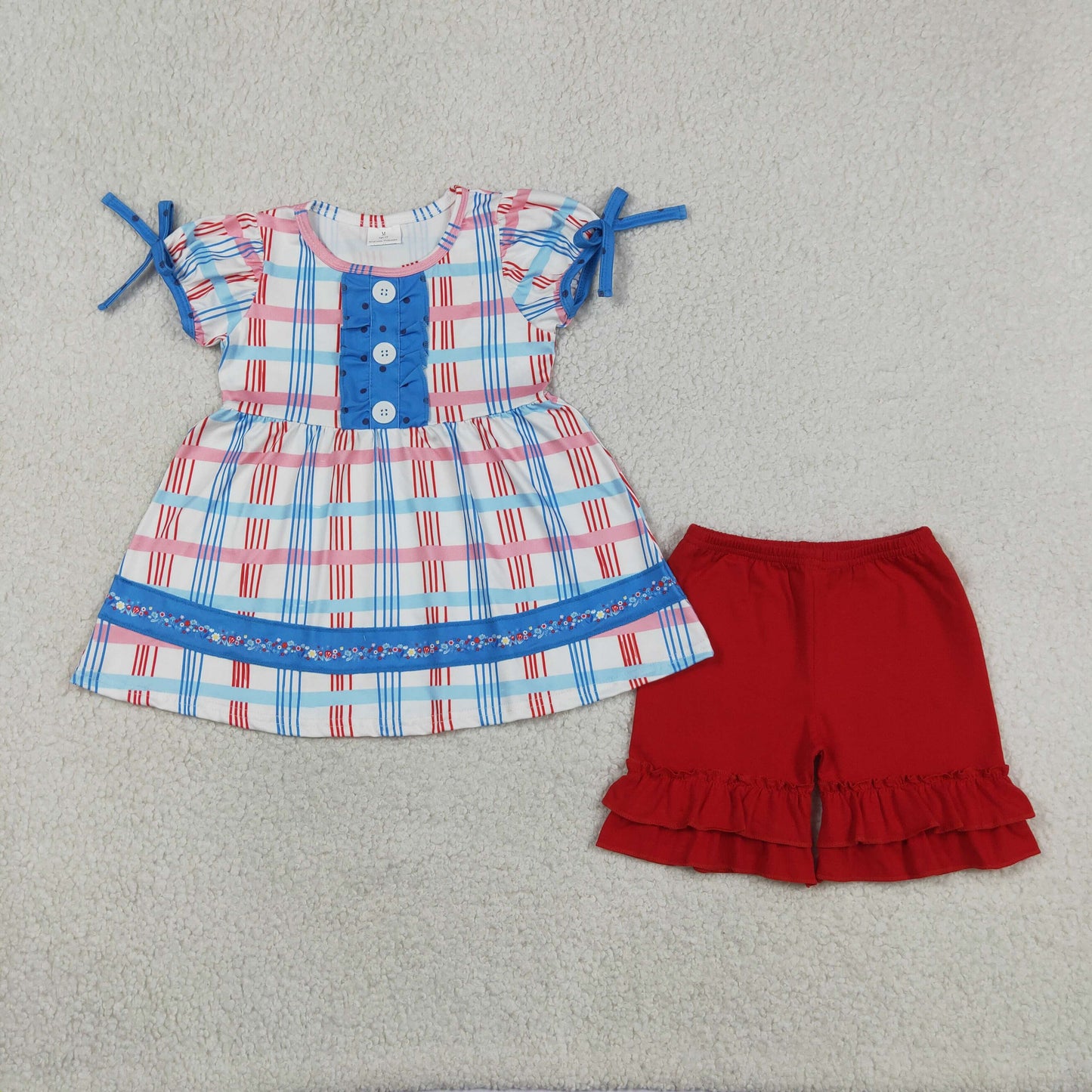 GSSO2815 Baby Girls Blue Red Checked Button Tunic Ruffle Short 4th of July Clothes Set