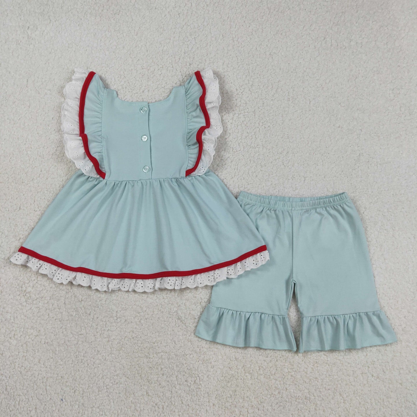 GSSO2926 Baby Girls Embroidery Bows Flags Tunic Ruffle Short 4th of July Clothes Set