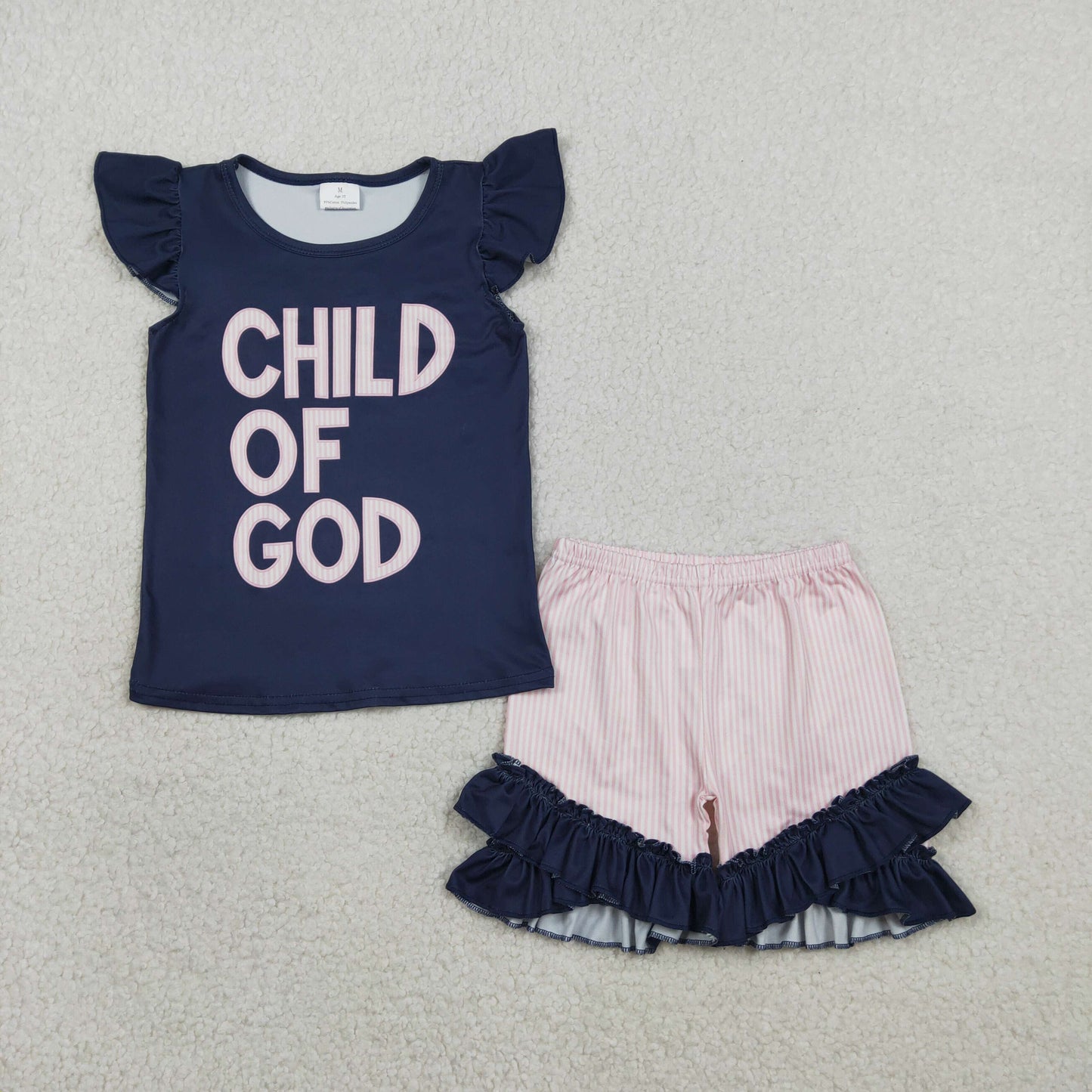 GSSO2933 Baby Girls Flutter Sleeve Child of God Top Ruffle Short Clothes Sets