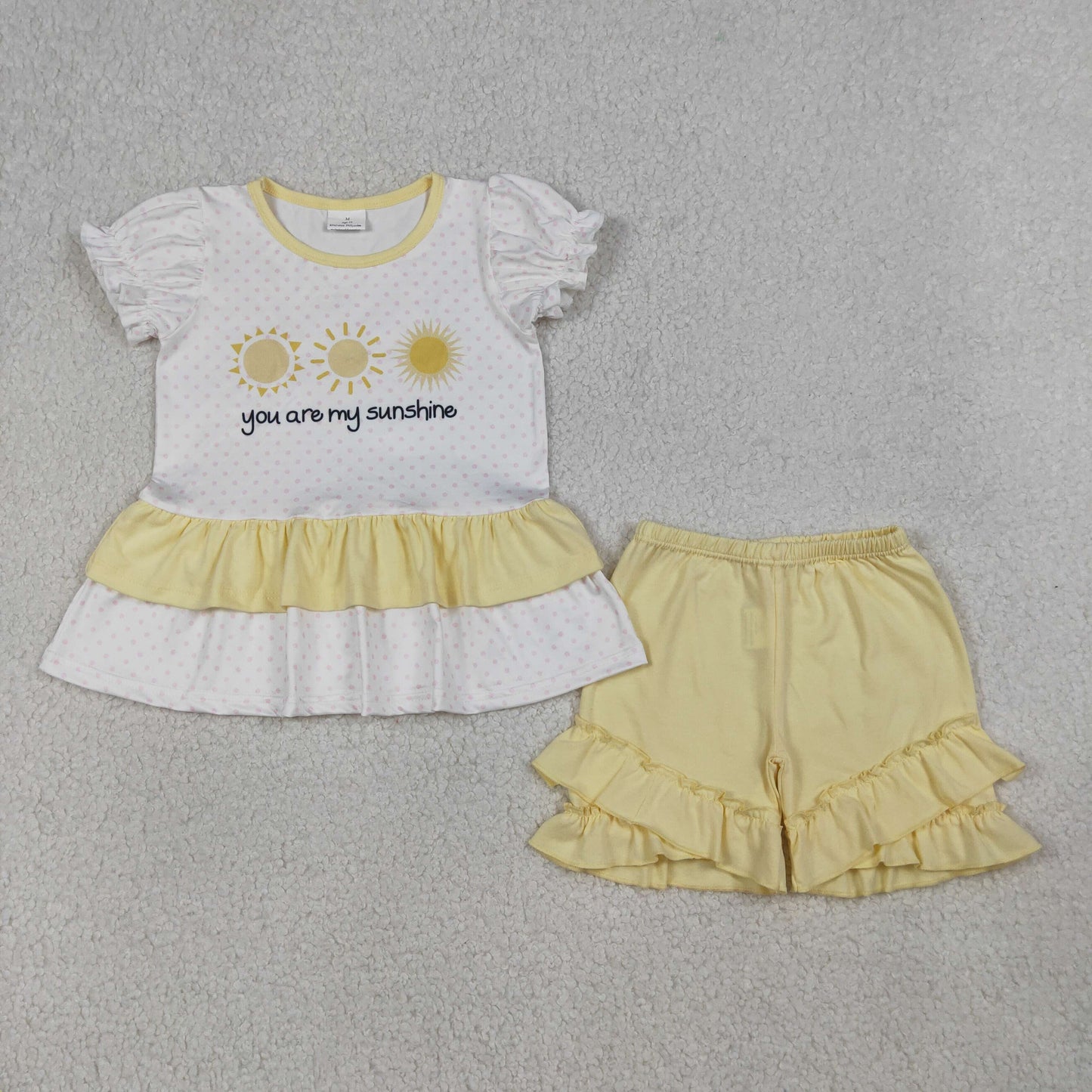 GSSO2947 Baby Girls Polks Dots You are My Sunshine Tunic Ruffle Short Clothes Set