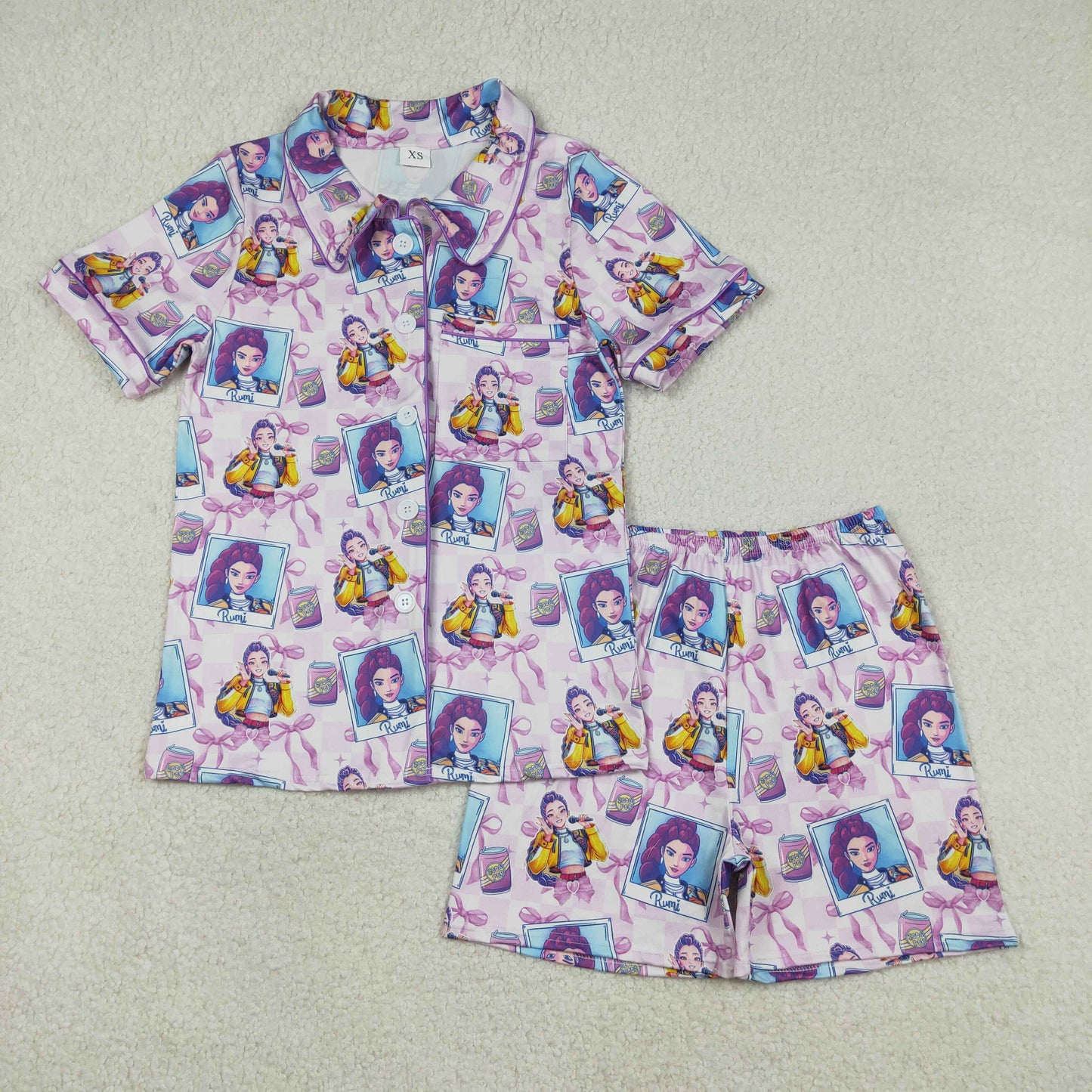 GSSO2962 Adult Women Bows Demon Hunter Button Pocket Top Short Pajamas Sets