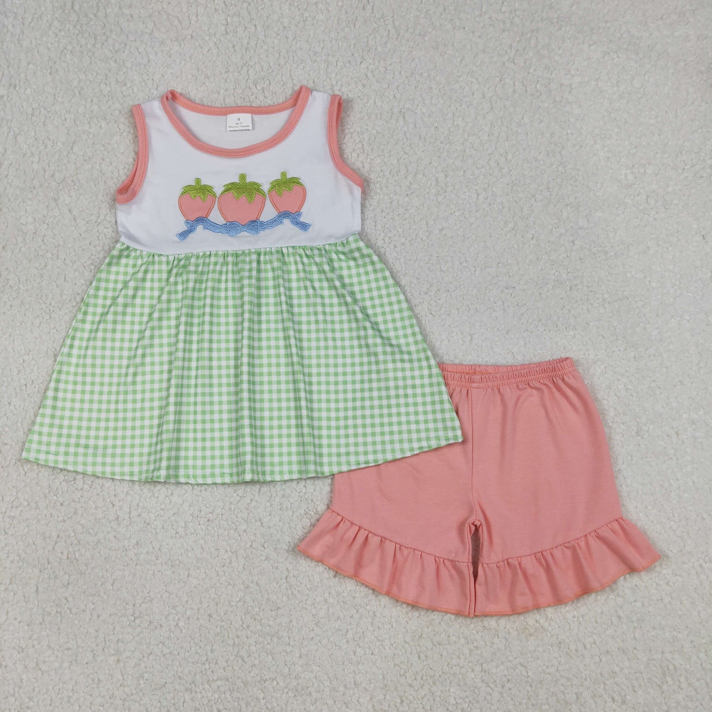 GSSO2981 Baby Girls Embroidery Bows Strawberry Tunic Ruffle Short Clothes Sets