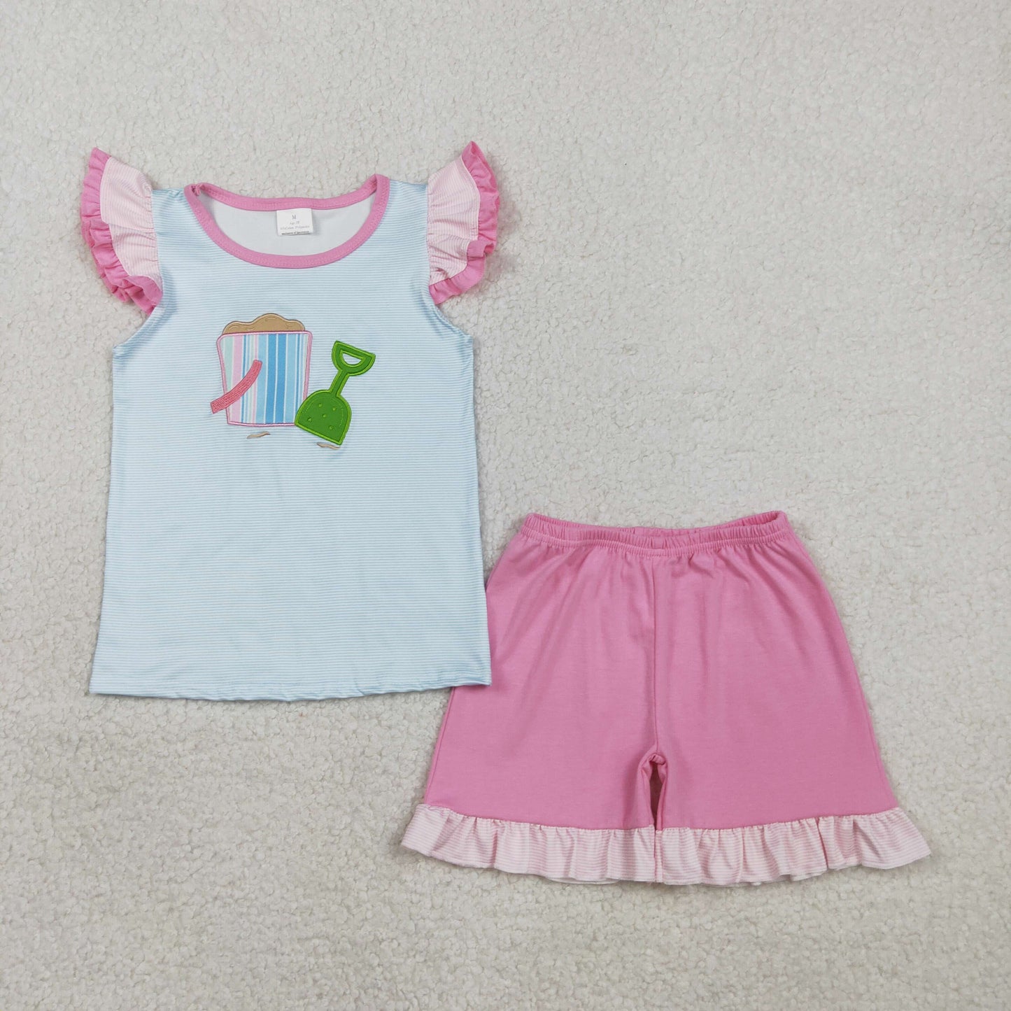 GSSO2991 Baby Girls Flutter Sleeve Embroidery Beach Stripe Top Ruffle Short Clothes Sets