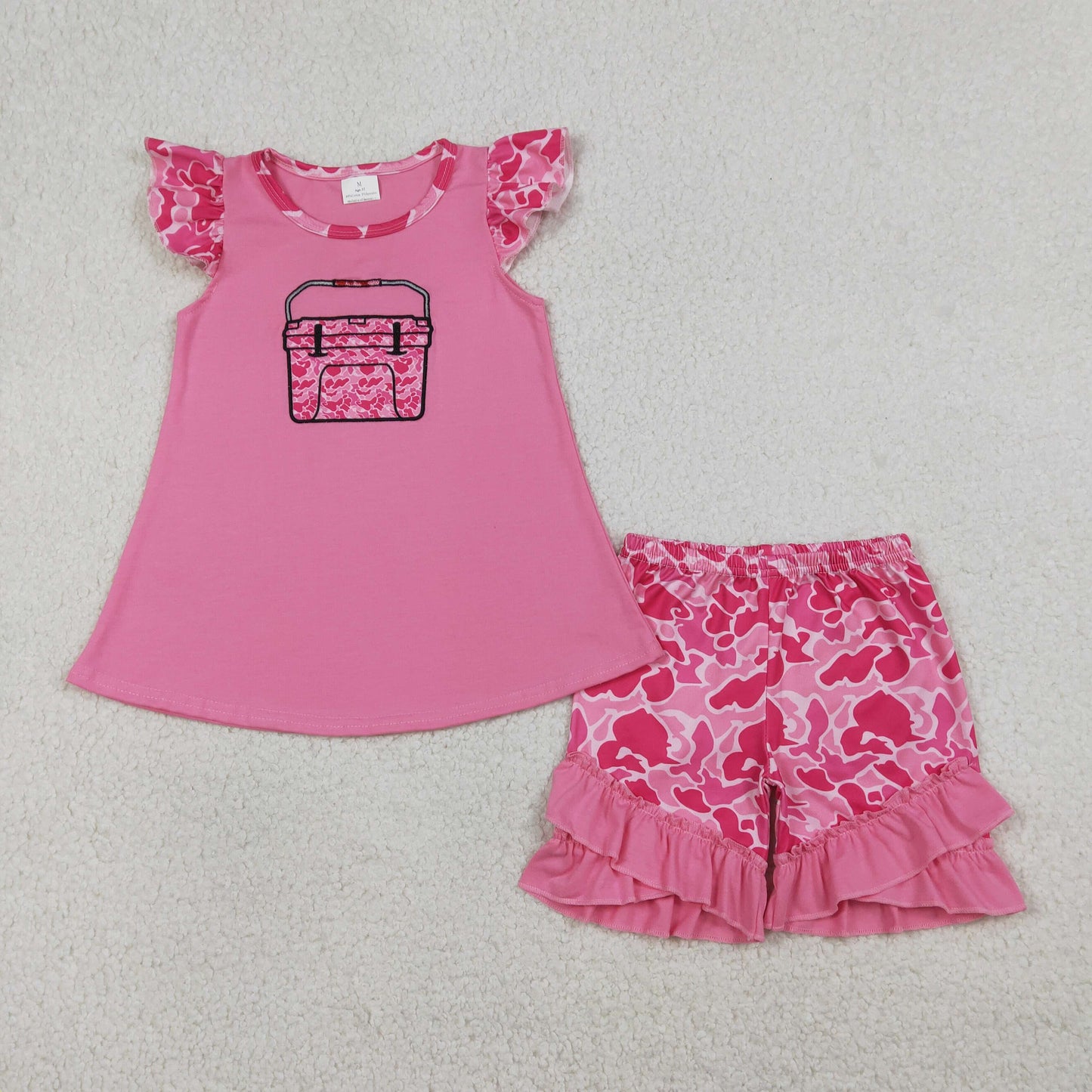 GSSO3002 Baby Girls Embroidery Southern Pink Camo Boxes Tunic Ruffle Short Hunting Clothes Sets