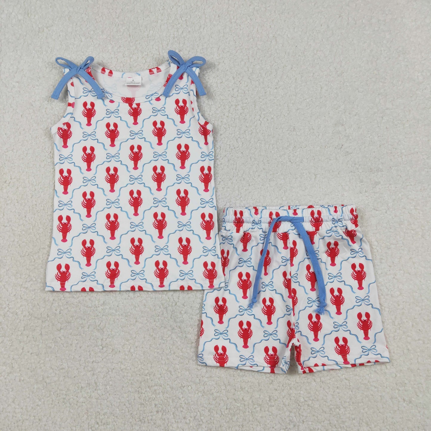 GSSO3005 Baby Girls Sleeveless Bows Crayfishes Checked Top Shorts Clothes Set
