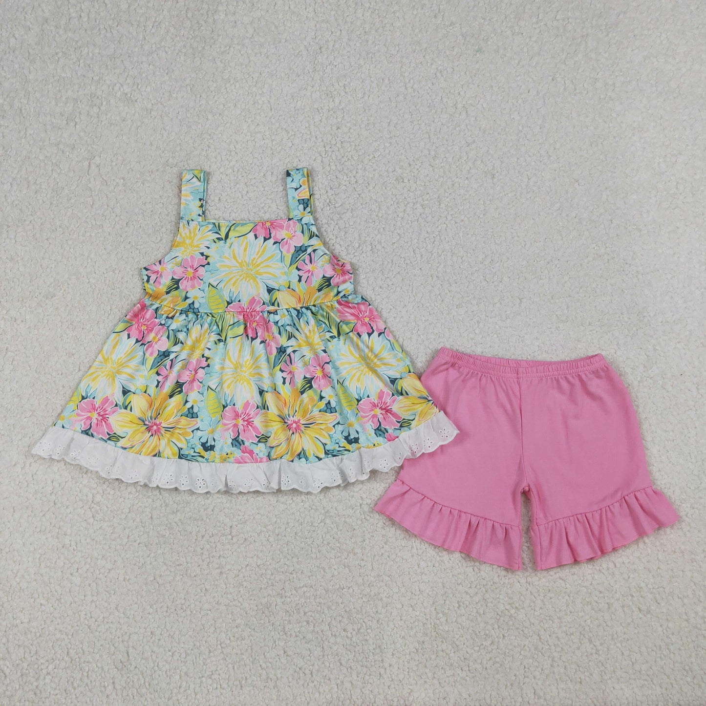 GSSO3034 Baby Girls Strap Colorful Flowers Tunic Ruffle Short Clothes Set