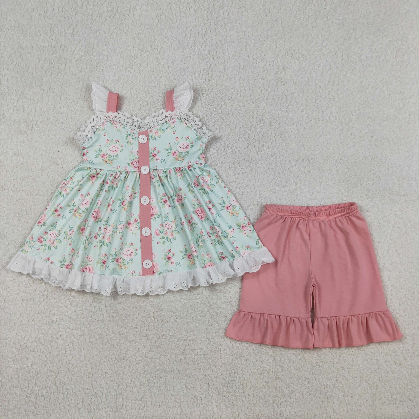 GSSO3036 Baby Girls Floweres Button Lace Tunic Ruffle Short Clothes Set