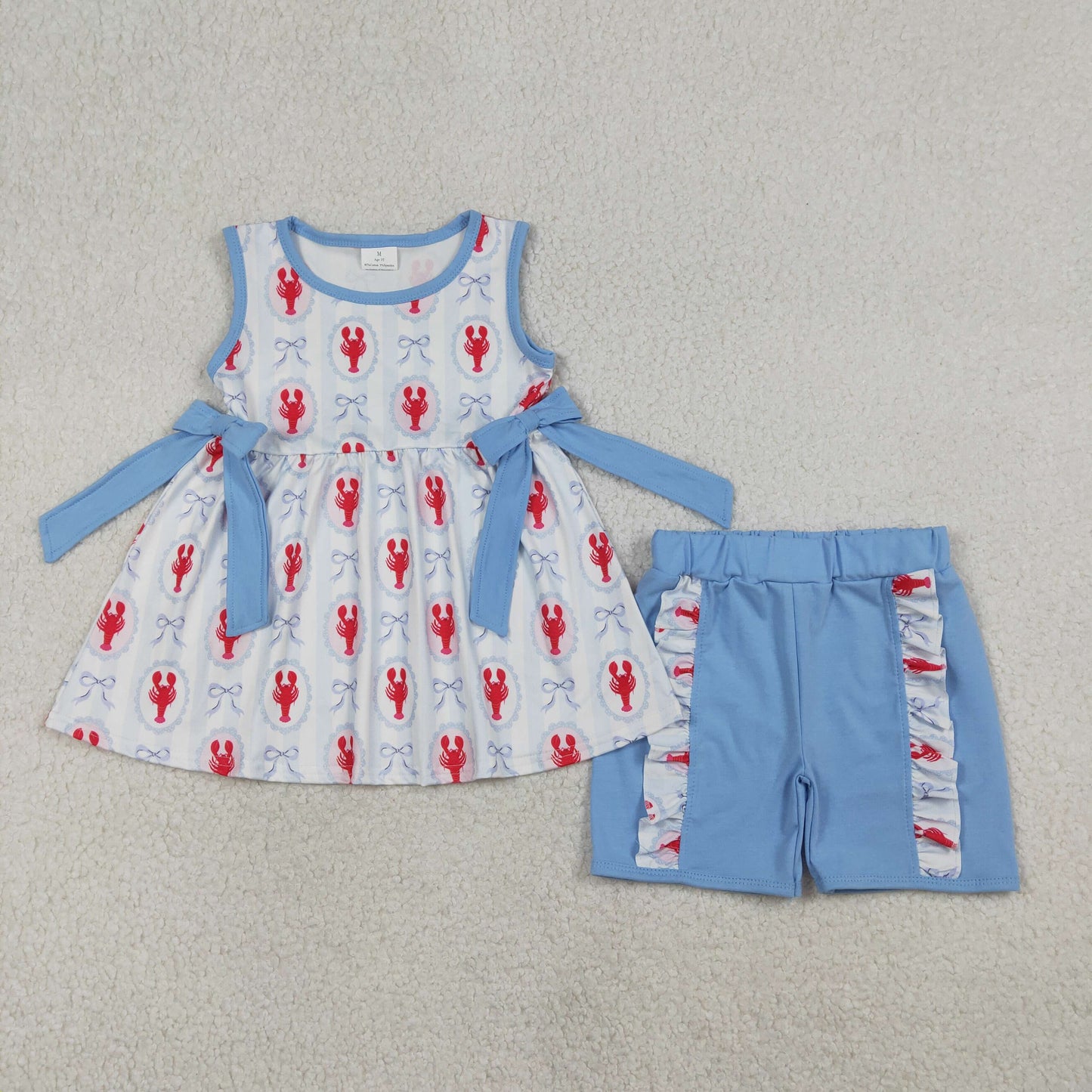 GSSO3051 Baby Girls Sleeveless Bows Crayfishes Tunic Ruffle Shorts Clothes Sets