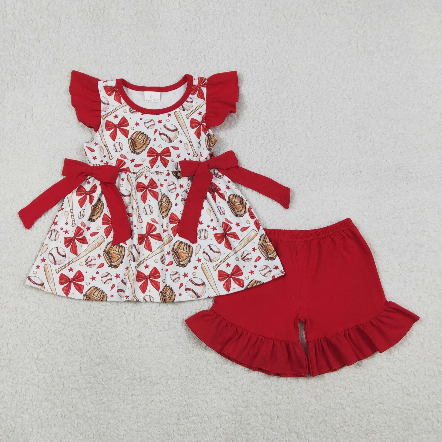 GSSO3058 Baby Girls Flutter Sleeve Bows Baseballs Tunic Ruffle Shorts Team Clothes Sets