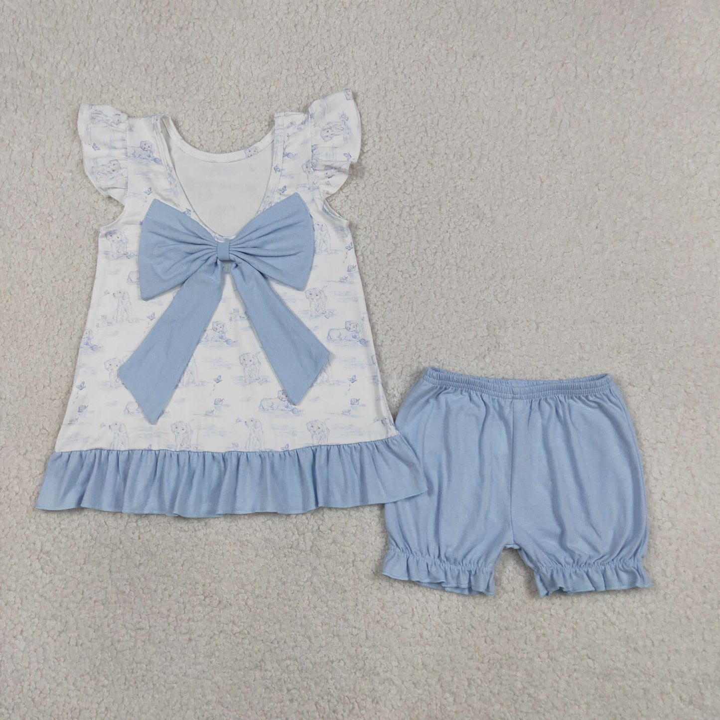 GSSO3061 Baby Girls Flutter Sleeve Dogs Butterfly Back Bows Tunic Ruffle Short Clothes Set