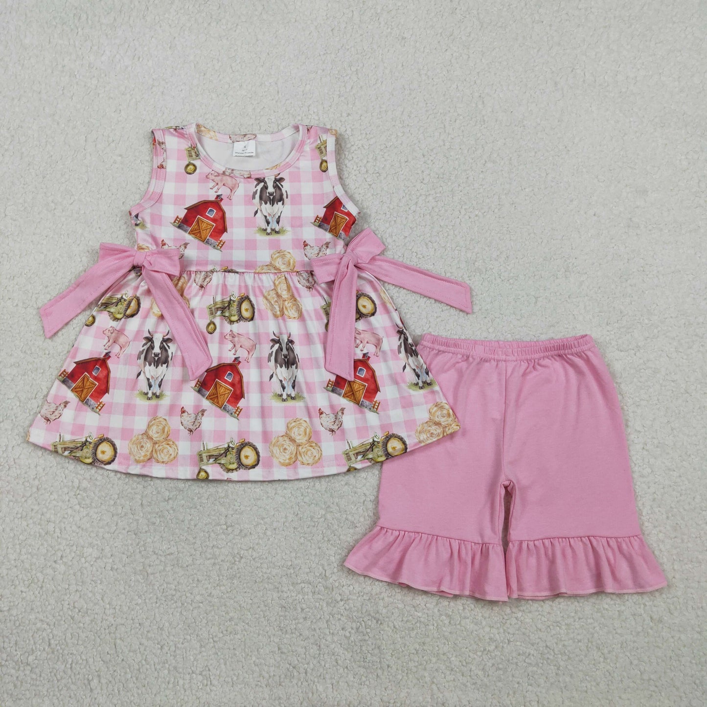 GSSO3100 Baby Girls Pink Checked House Cows Tunic Ruffle Shorts Farm Clothes Set