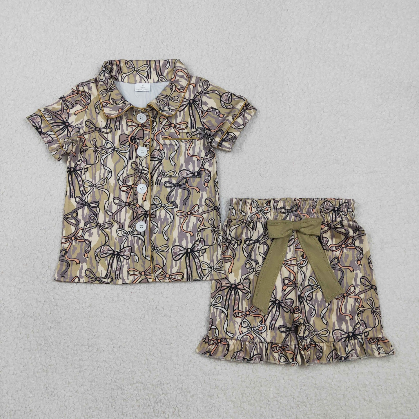 GSSO3126 Baby Girls Southern Olive Camo Bows Button Pocket Top Ruffle Short Clothes Sets