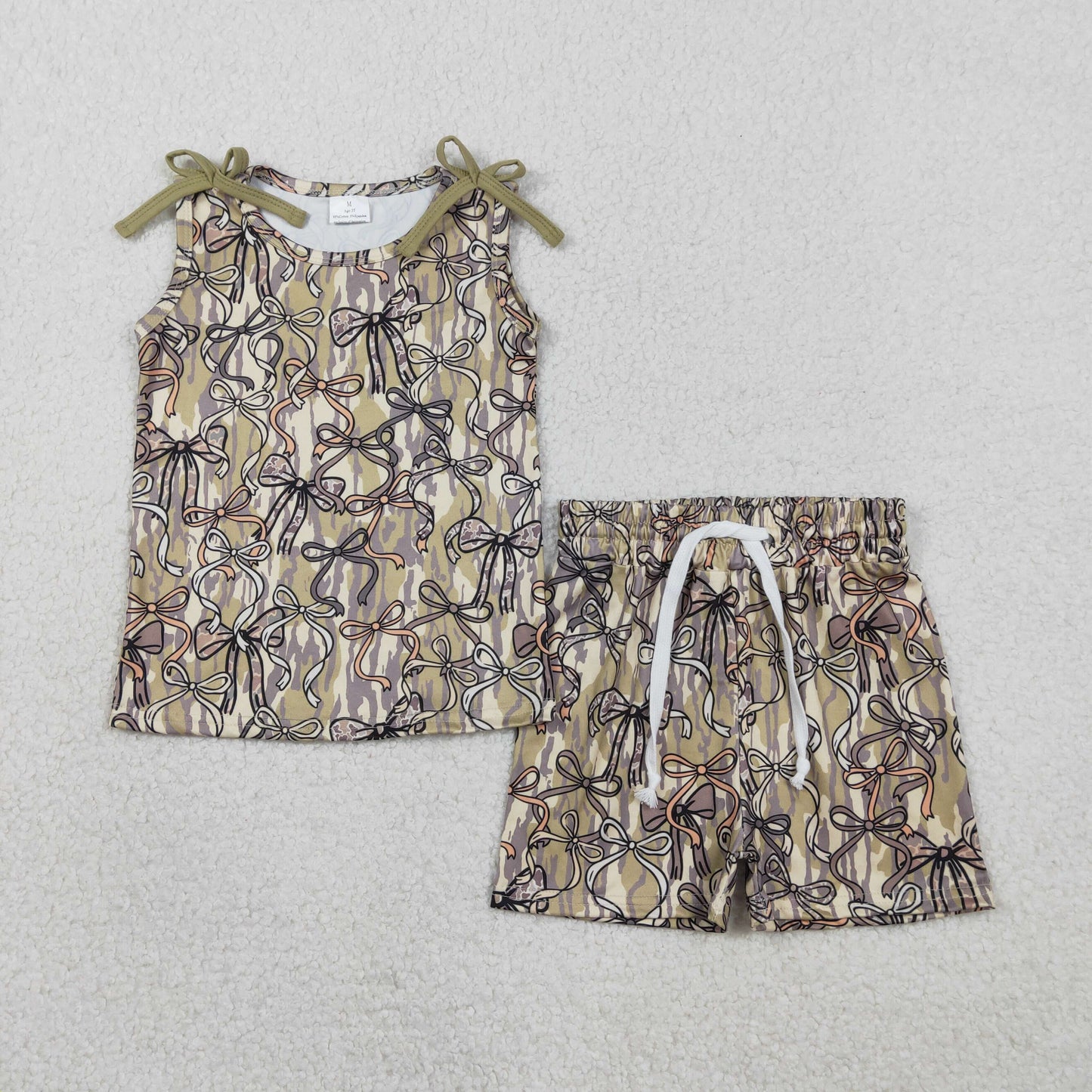 GSSO3127 Baby Girls Sleeveless Olive Camo Bows Top Shorts Clothes Sets