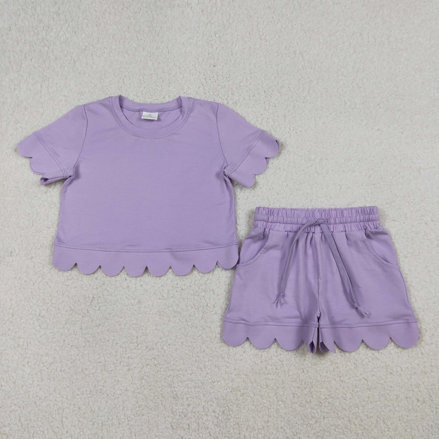 Mama and Me Girls Lavender Top Pockets Short Scallop Cotton Clothes Sets