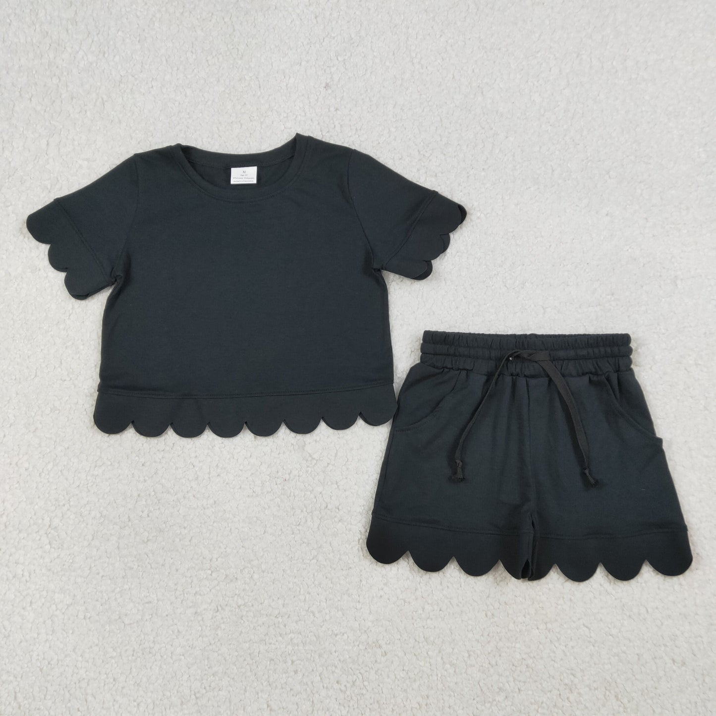 Mama and Me Girls Black Top Pockets Short Scallop Cotton Clothes Sets