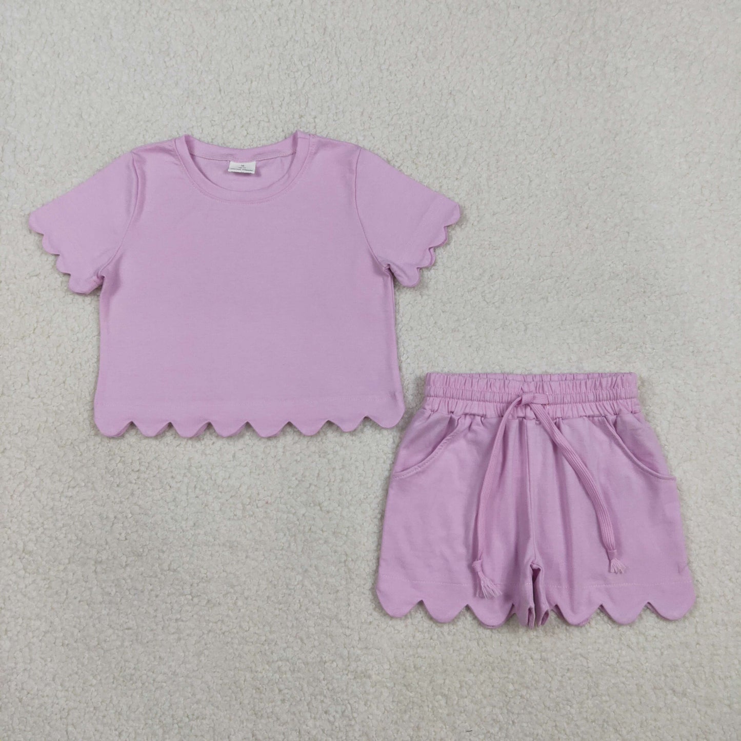 GSSO3173 Baby Girls Lavender Short Sleeve Top Pockets Scallop Short Pajamas Clothes Sets