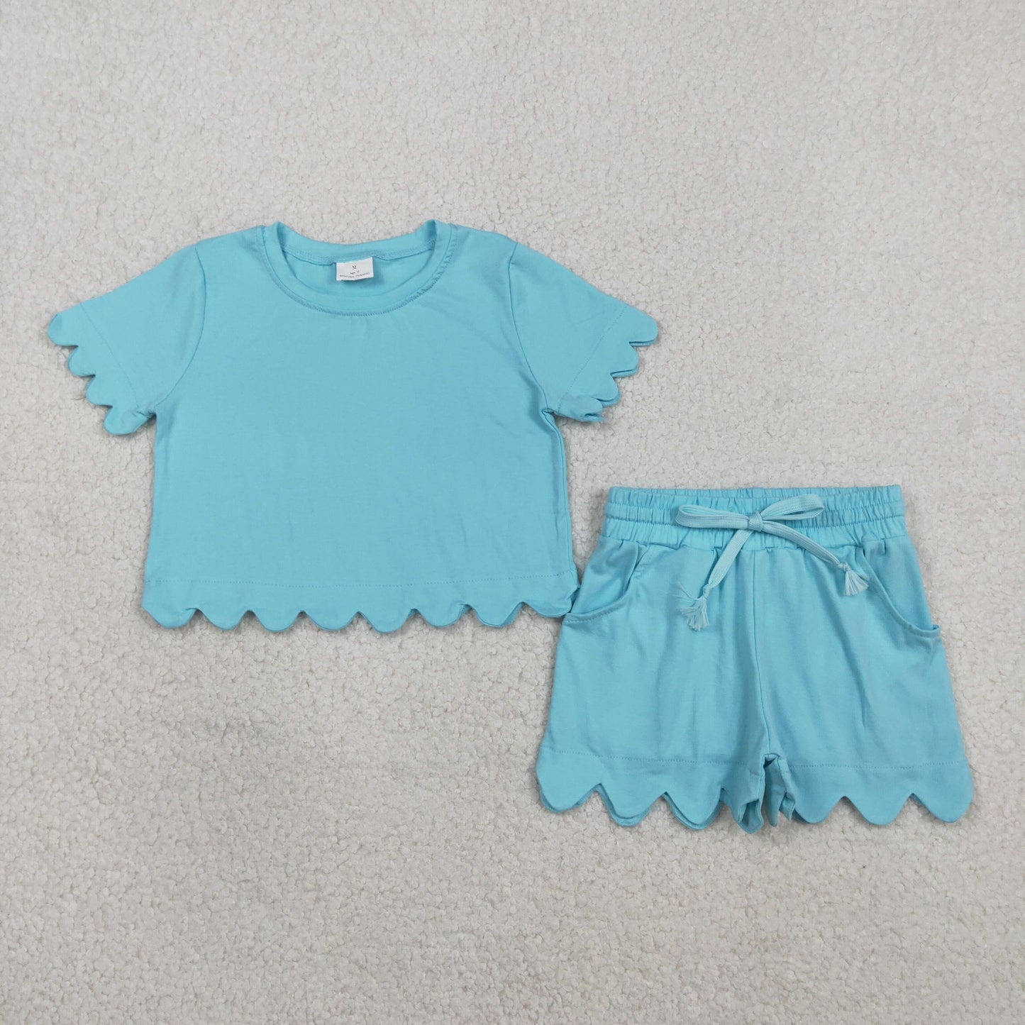 GSSO3180 Baby Girls Blue Short Sleeve Top Pockets Scallop Short Pajamas Clothes Sets