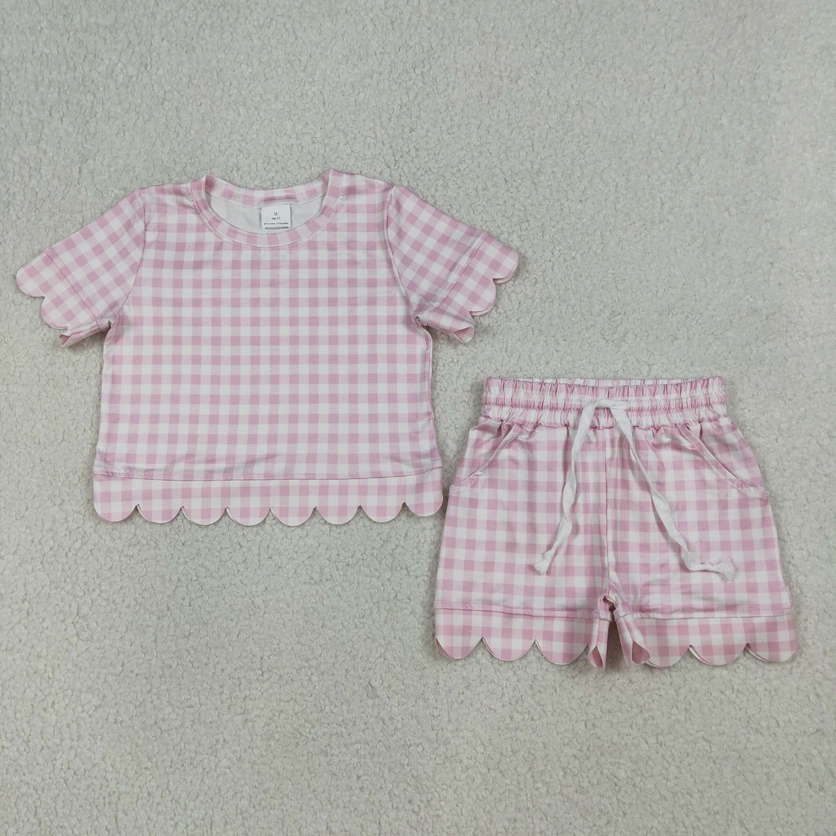 GSSO3183 Baby Girls Pink Checked Top Pockets Short Scallop Pajamas Clothes Sets