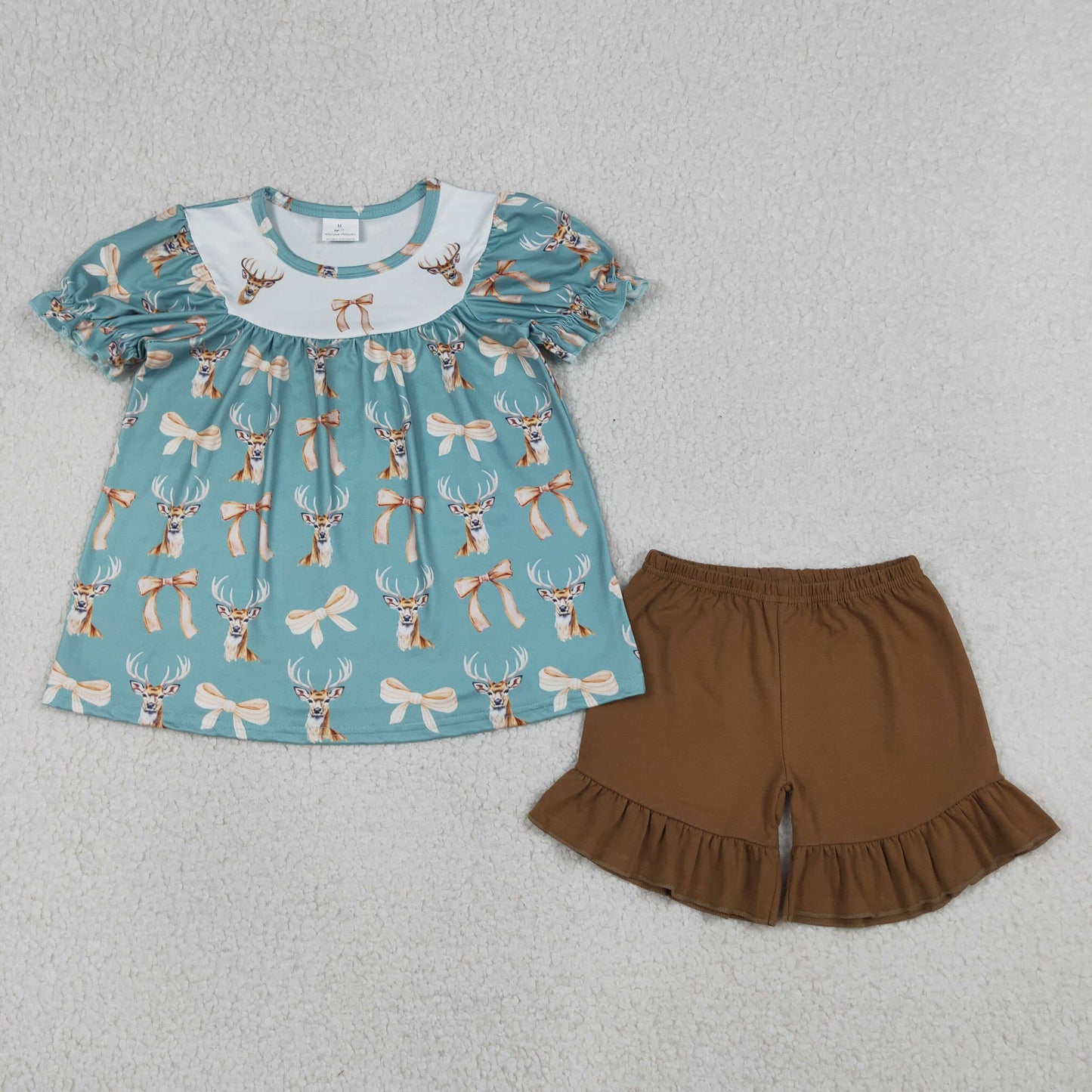 GSSO3212 Baby Girls Short Sleeve Bows Deer Tunic Ruffle Short Hunting Clothes Set