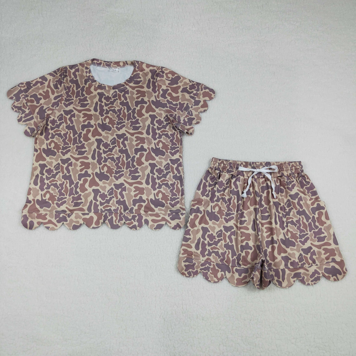 Sibling Adult Women Southern Camo Shirts Top Pockets Short Scallop Clothes Set