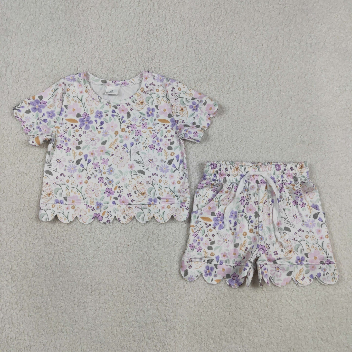 Mama and Me Girls Colorful Flowers Top Pockets Short Scallop Clothes Sets