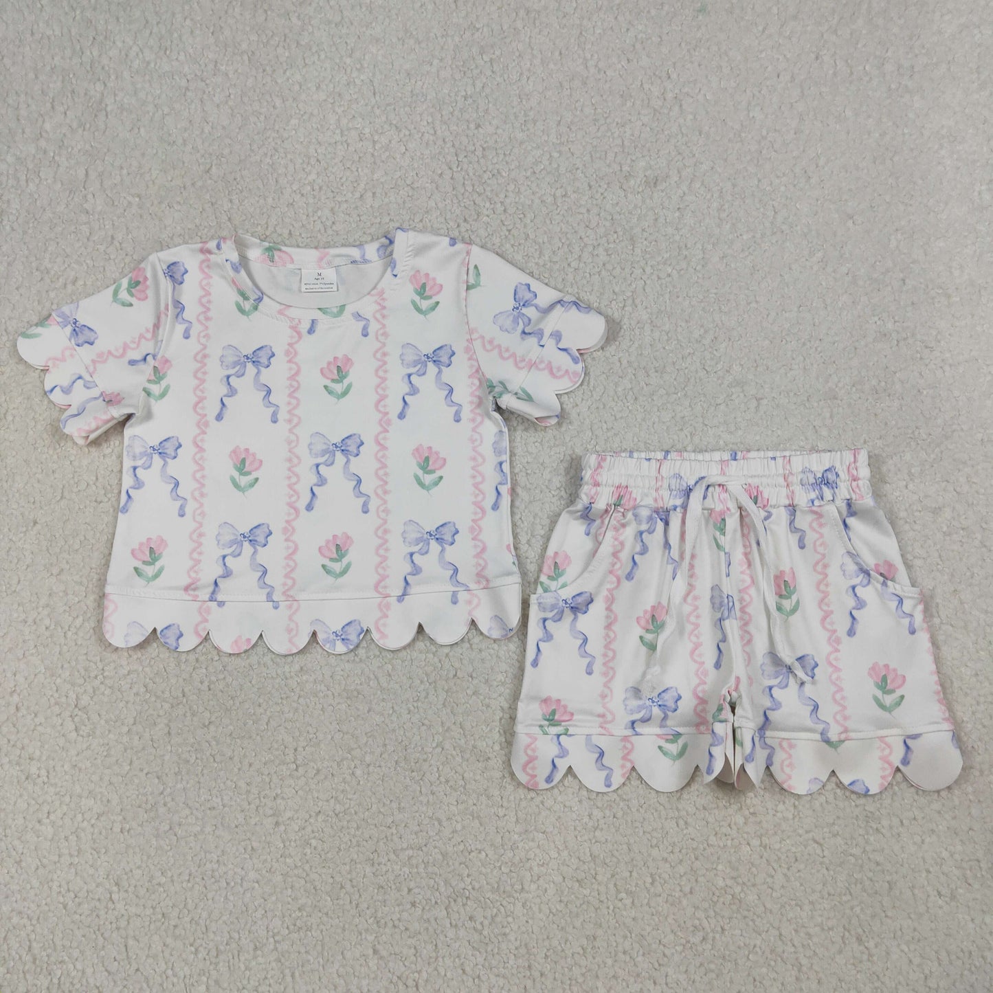 Mama and Me Girls Bows Flowers Stripe Top Pockets Short Scallop Clothes Sets