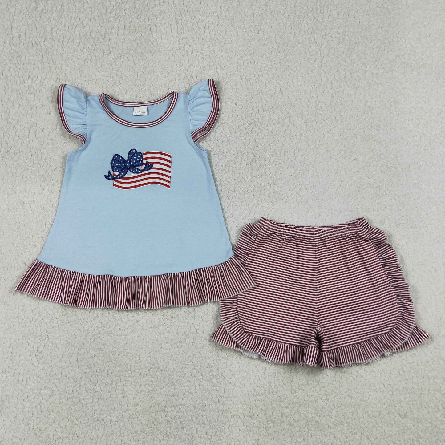 GSSO3278 Baby Girls Embroidery Bows Flags Tunic Stripe Ruffle Short 4th of July Clothes Set