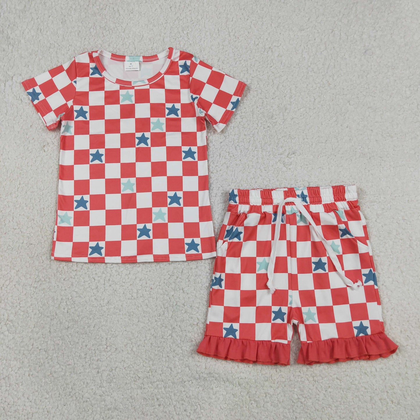 GSSO3293 Baby Girls Red Checked Stars Top Pockets Ruffle Short 4th of July Clothes Set