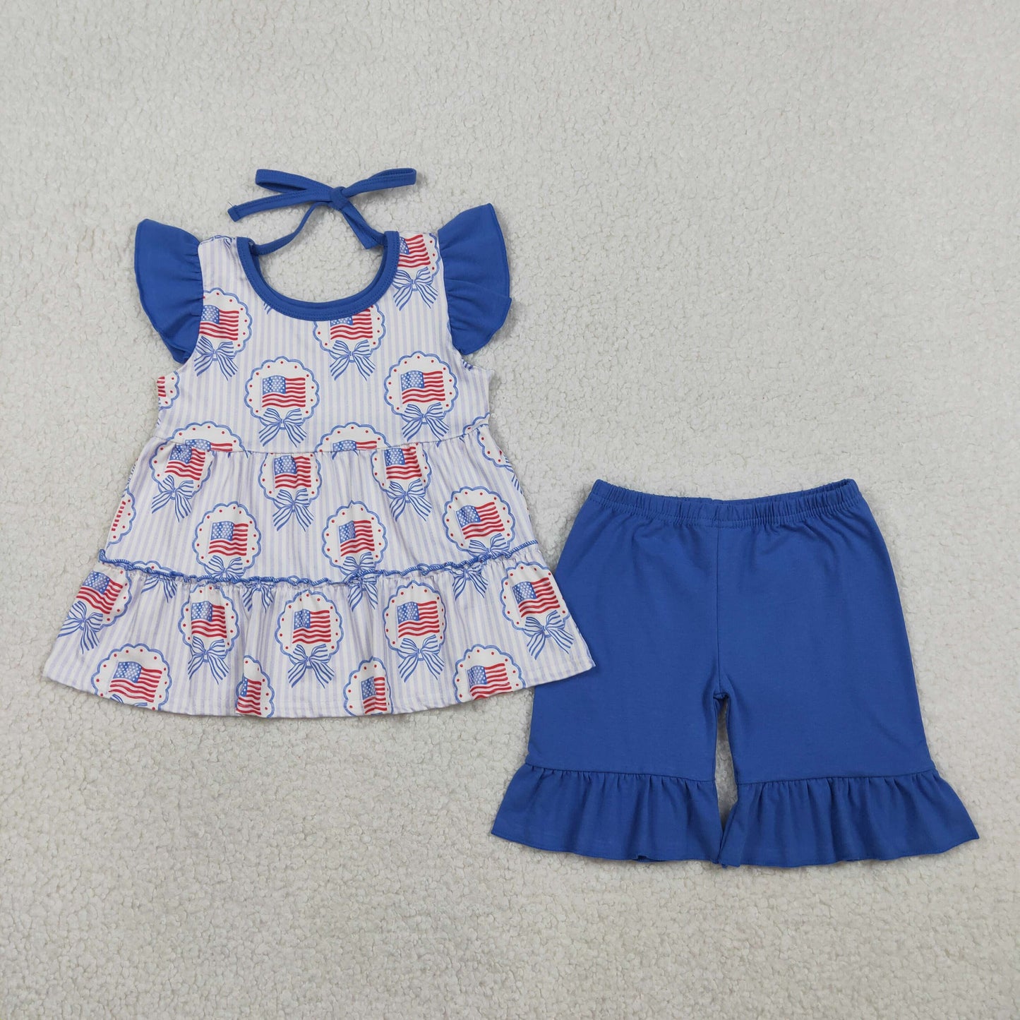 GSSO3296 Baby Girls Blue Stripe Bows Flags Tunic Ruffle Short 4th of July Clothes Set