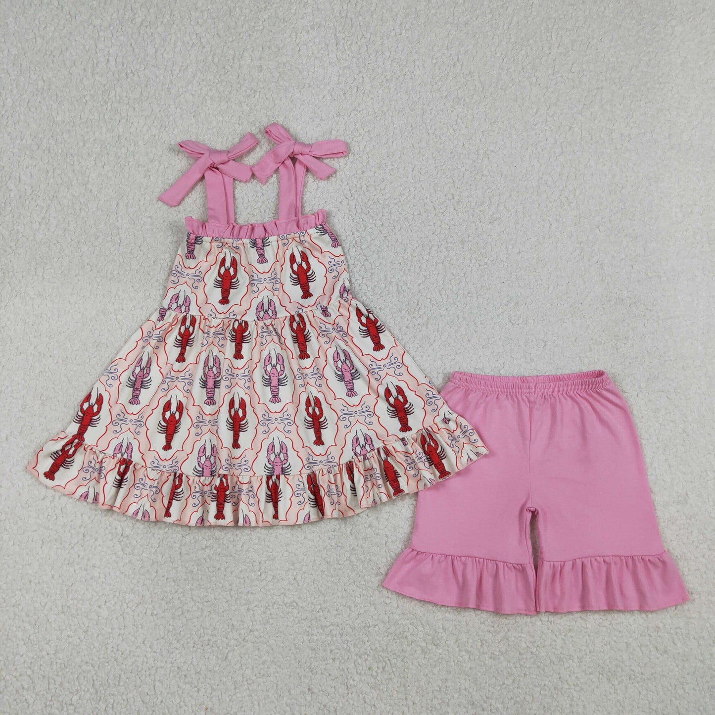 GSSO3299 Baby Girls Pink Strap Bows Crayfishes Tunic Ruffle Short Clothes Set