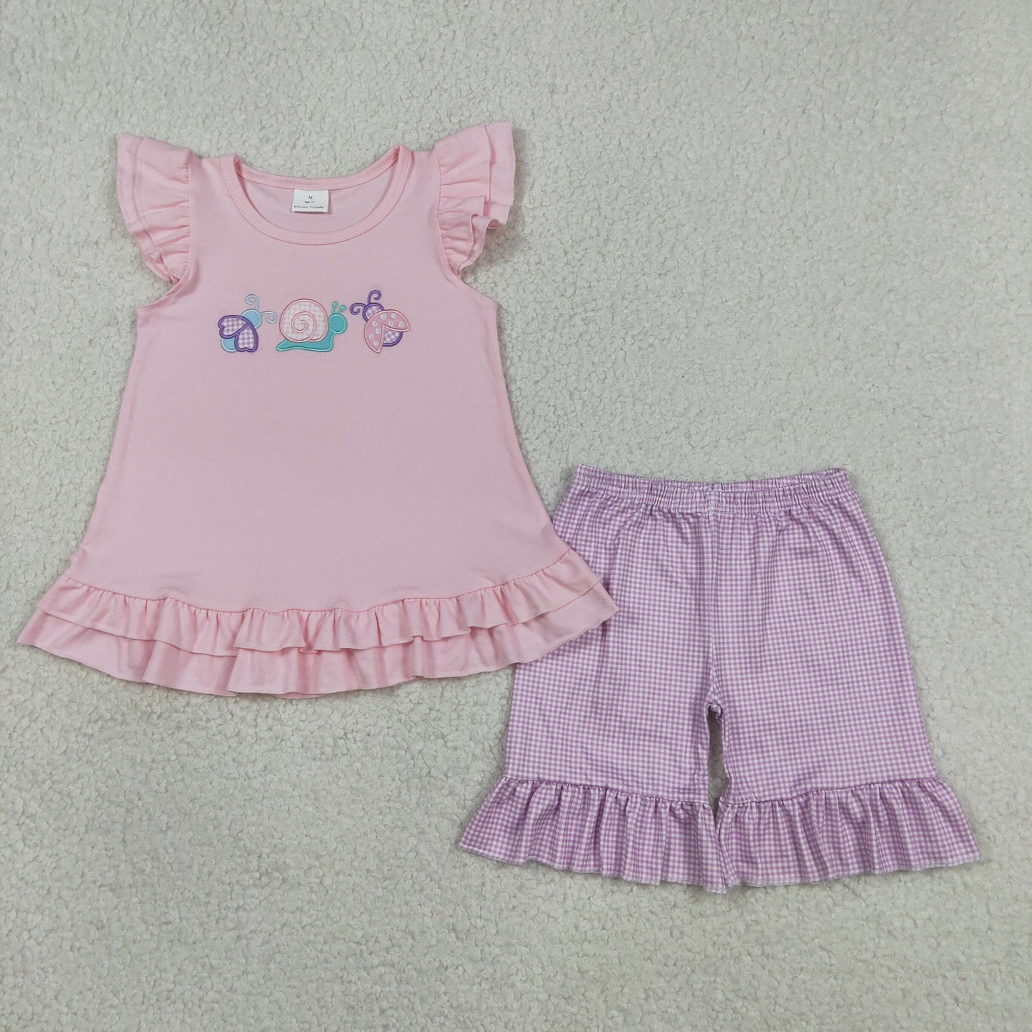 GSSO3305 Baby Girls Flutter Sleeve Embroidery Ladybirds Tunic Ruffle Short Clothes Set