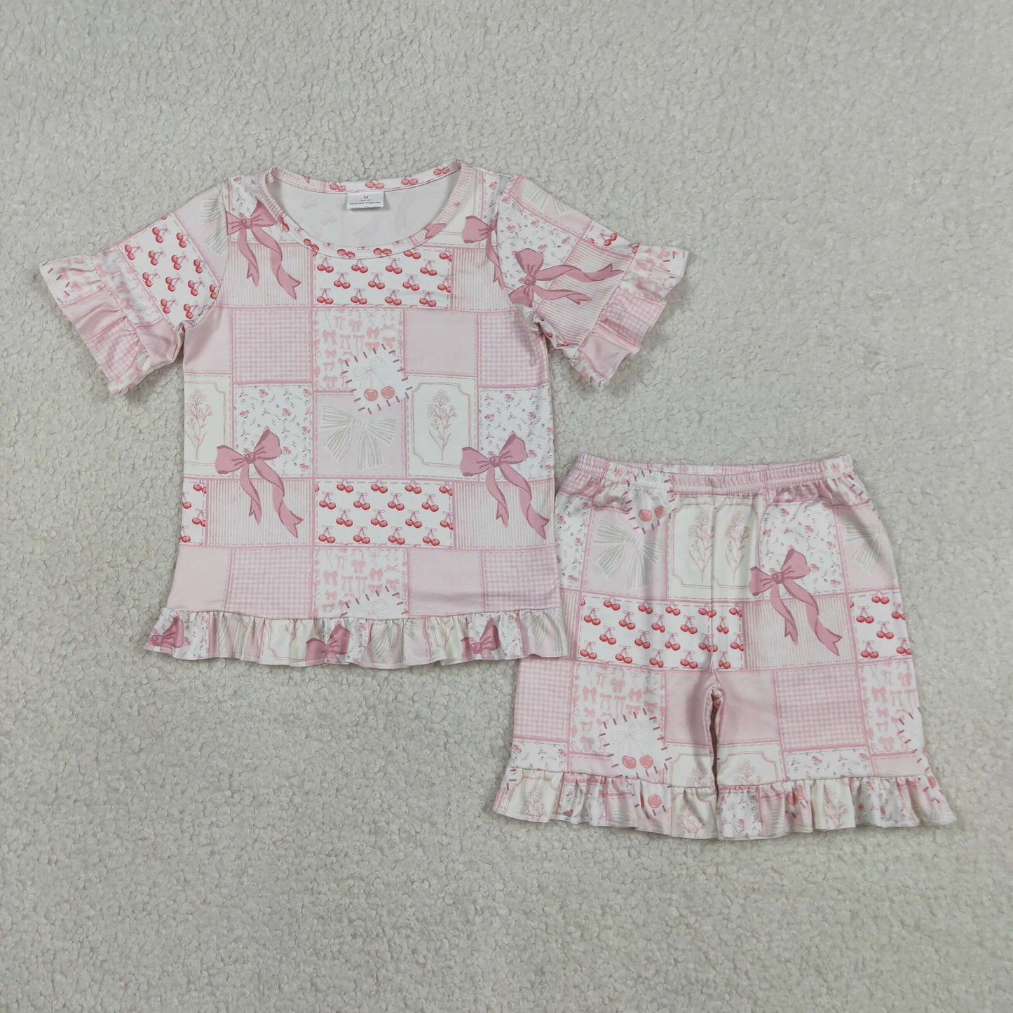 GSSO3321 Baby Girls Pink Flowers Cherry Checked Top Ruffle Short Pajamas Set