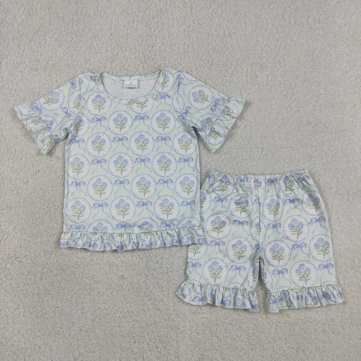 GSSO3323 Baby Girls Blue Bows Flowers Checked Top Ruffle Short Clothes Set