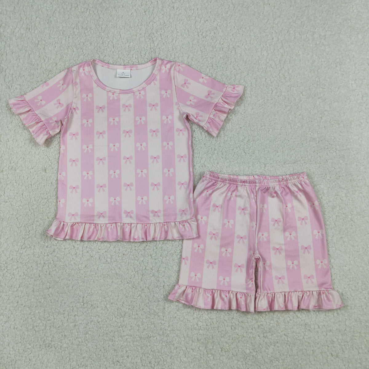 GSSO3341 Baby Girls Pink Bows Stripe Top Ruffle Short Clothes Set
