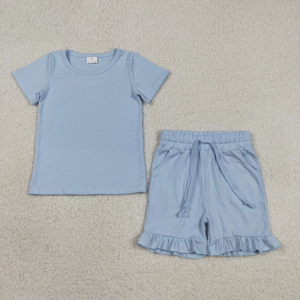 GSSO3349 Baby Girls Blue Short Sleeve Shirts Top Pockets Ruffle Short Clothes Set
