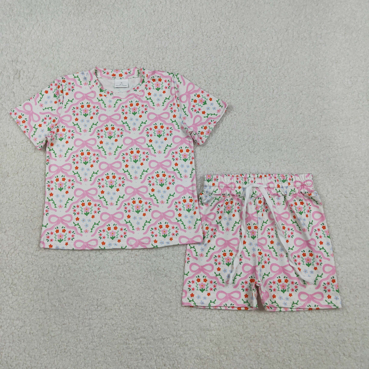 GSSO3379 Baby Girls Pink Bows Flowers Slouchy Top Short Clothes Set