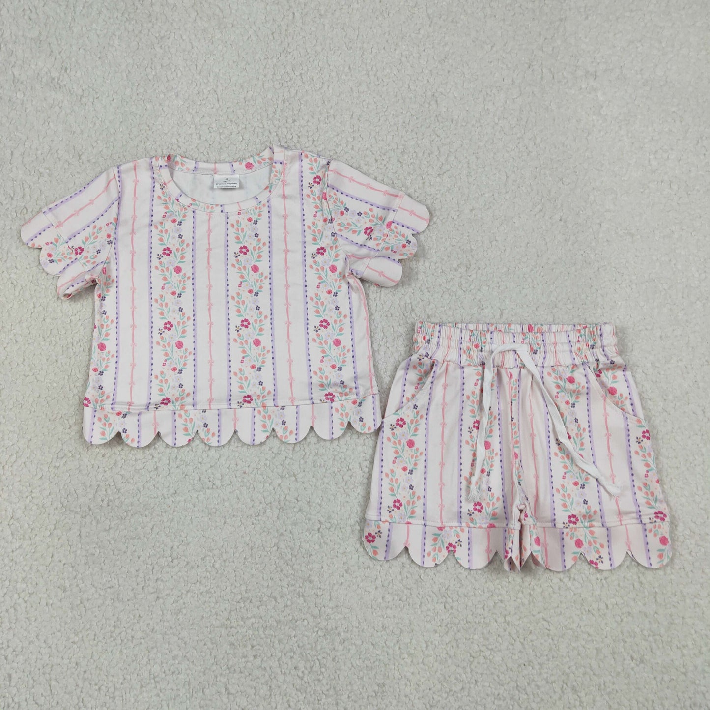 Sibling Baby Girls Colorful Flowers Top Pockets Shorts Scallop Clothes Sets