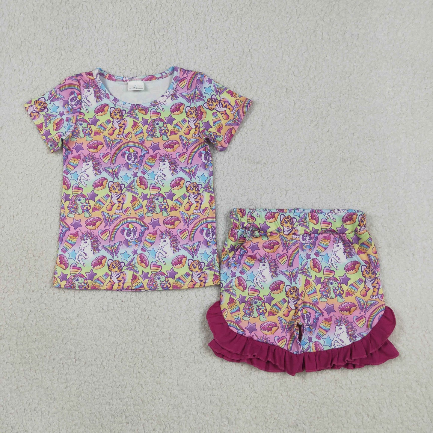 Sibling Baby Girls Short Sleeve Colorful Flowers Cherry Top Ruffle Shorts Clothes Sets