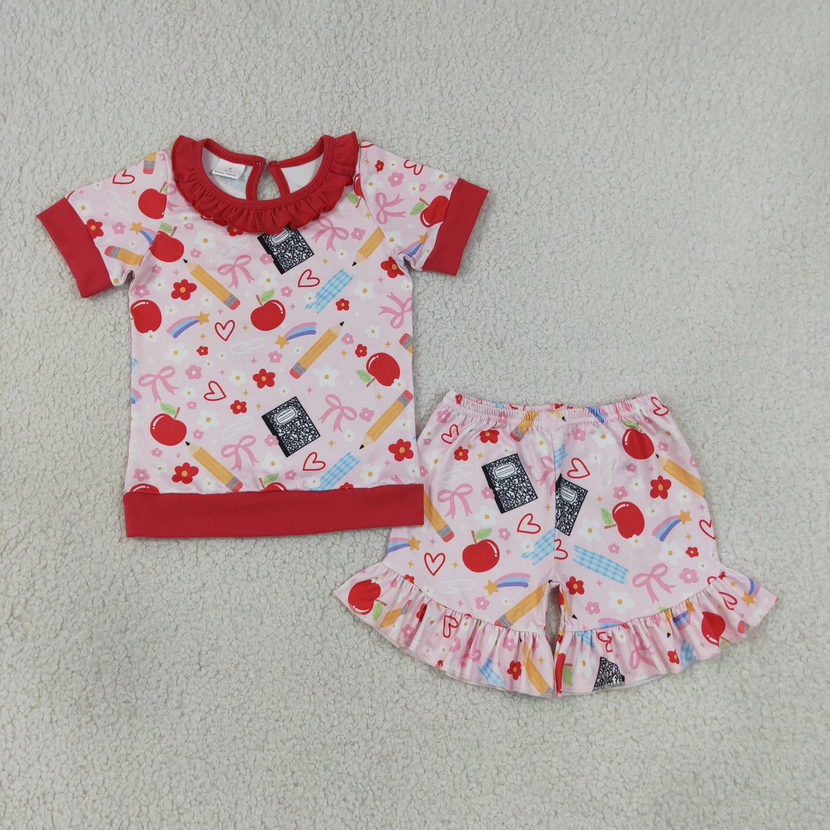GSSO3525 Baby Girls Apples Pencils Top Ruffle Short Back to School Clothes Set