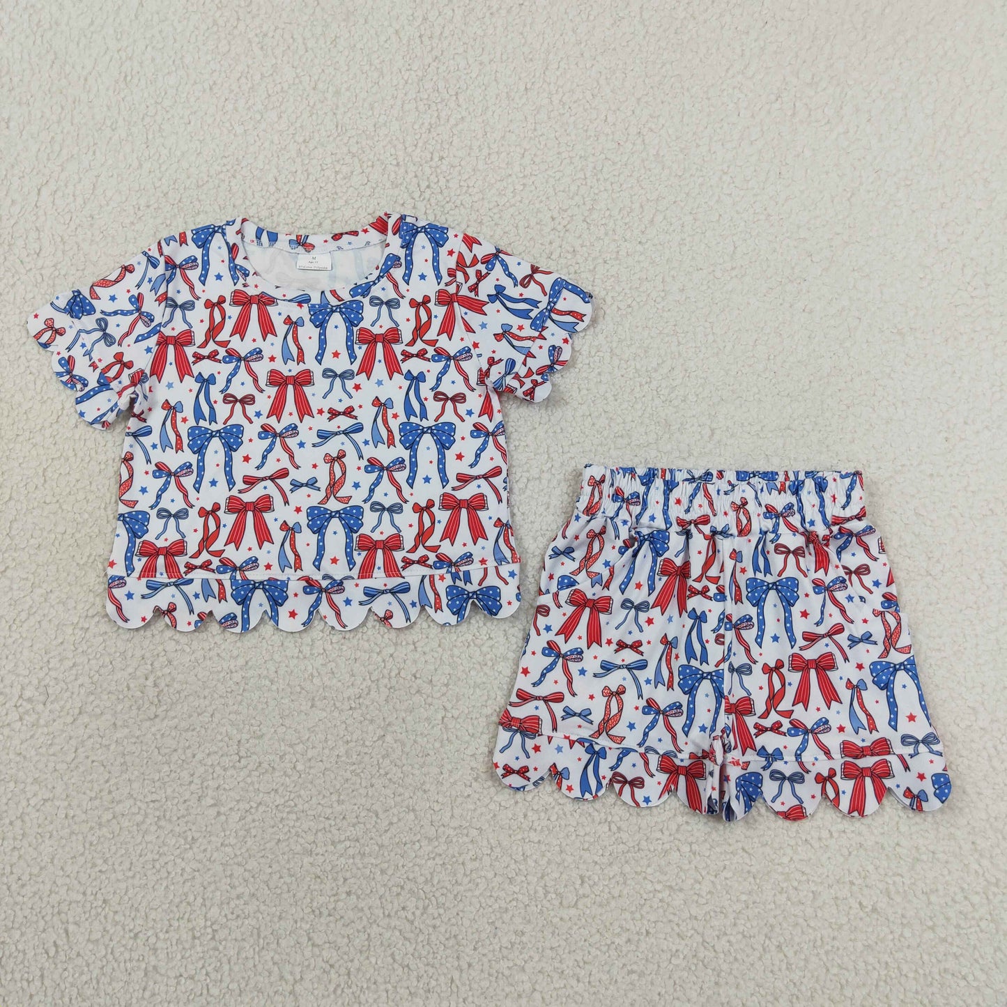 Sibling Baby Girls Bows Flags Checked Top Pockets Short 4th of July Scallop Clothes Sets