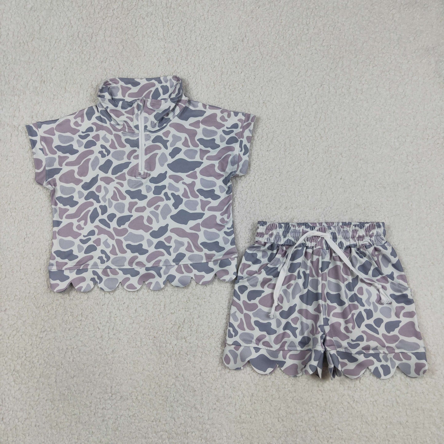 Sibling Baby Girls Southern Camo Zip Pullovers Pockets Shorts Scallop Clothes Sets