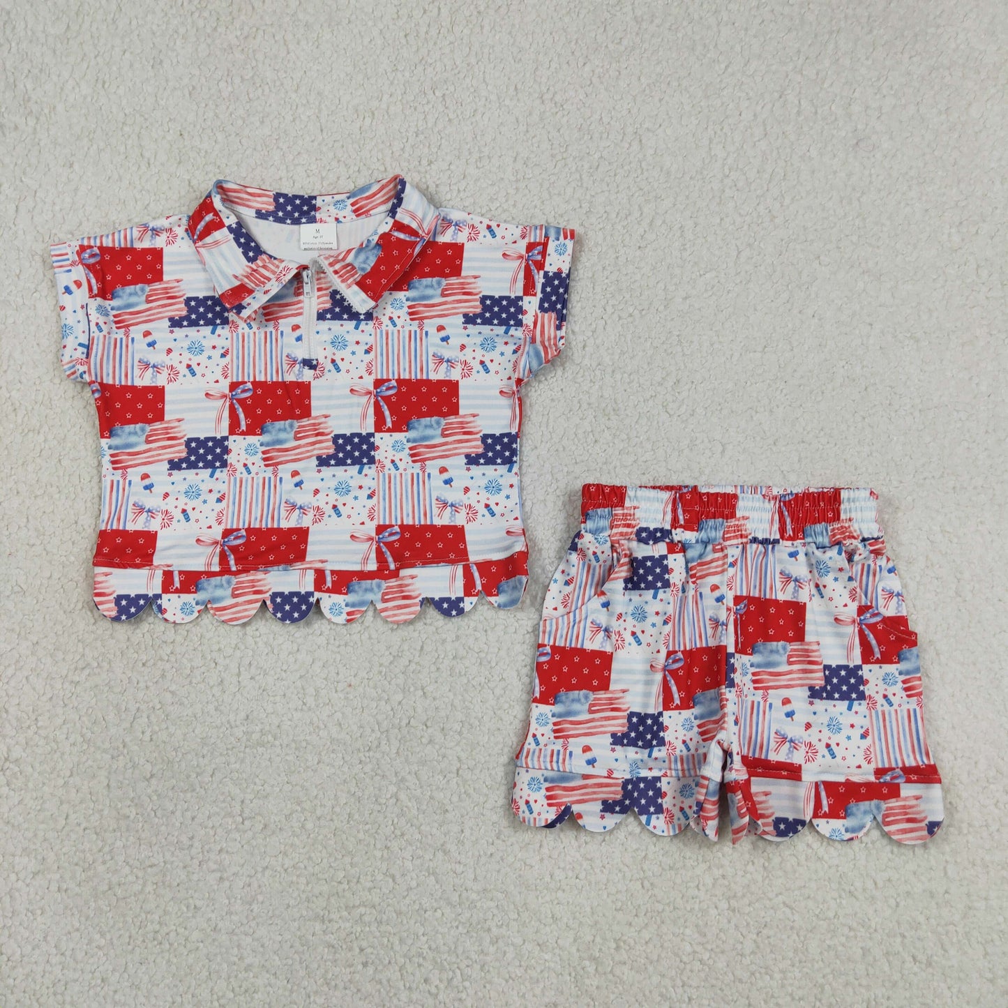 Sibling Baby Girls Flags Stars 4th of July Yoga Active Knee Length Dress Scallop Clothes Sets
