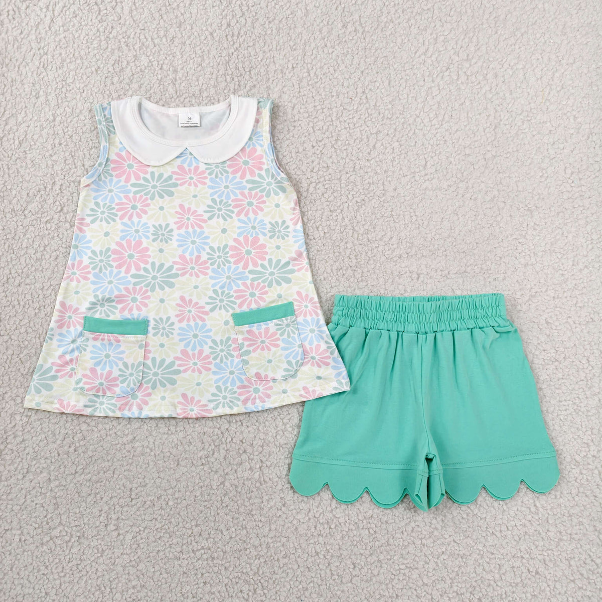 GSSO3632 Baby Girls Sleeveless Flowers Pockets Tunic Scallop Short Clothes Set