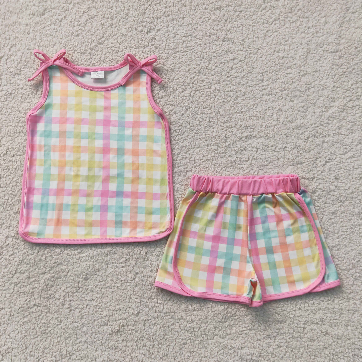 GSSO3659 Baby Girls Bows Sleeveless Colorful Checked Vests Short Clothes Set